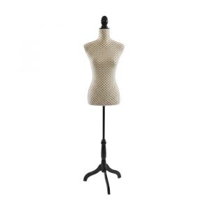 Relaxdays Buste de couture, femme, taille 36/38, r&eacute;glable 130&ndash;167 cm, &agrave; pois, pied en bois, beige/noir