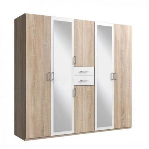 Wimex Armoire 4 portes chênes 2 portes miroirs DIVER 225 cm 2 tiroirs blancs