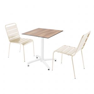 Oviala Table carrée pied blanc inclinable plateau chêne naturel 70 x 70 cm en HPL et 2 chaises en métal