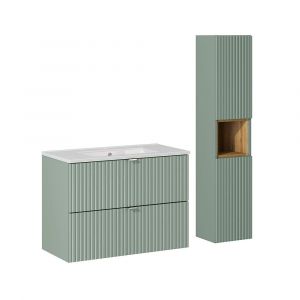 Ensemble meuble simple vasque encastrée 80cm 2 tiroirs et colonne Jade Vert et Bois