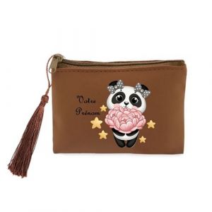 Image de Porte monnaie et porte cles marron Taperso avec motif panda et coeur personnalisable