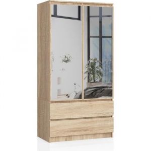 Armoire Akord S90 avec miroir Chêne Sonoma 90 cm 2 portes 2 tiroirs façade Chêne Sonoma 4 étagères 90x51x180 cm