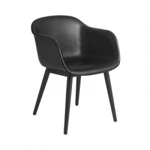 Muuto Petit Fauteuil - FIBER ARMCHAIR pieds bois coque cuir Coque fibres de bois et plastique, Revêtement cuir, Piètement chêne laqué L 54,5cm x P 55cm x H
