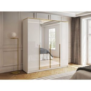 Pascal Morabito Armoire 4 portes - Avec miroirs - L200 cm - Blanc brillant et Doré - VUKIA de