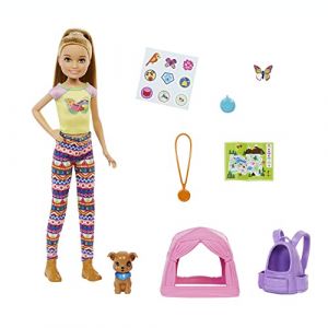 Image de Mattel Famille poupée mannequin Stacie camping, avec mini-figurine chiot, autocollants et accessoires de camping, jouet pour enfant, HDF70