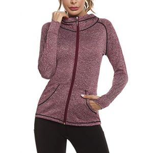 Sykooria Sweat &agrave; Capuche Femme Zipp&eacute; Automne Hiver Chaud Veste Femme de Sport Respirant &agrave; Manches Longues Jacket Zipp&eacute; pour Fitness Running-Vin Rouge-M