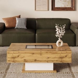 Table Basse - JAERLIUB - Rectangulaire - Avec Lumi&egrave;res LED - Deux Tiroirs - Ch&ecirc;ne Naturel