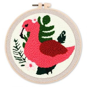 Figured'Art Punch Needle Kit Complet pour Adultes et Enfants - Flamant Rose et Feuillage - Parfait pour Débutant. Set prêt à broder taille 20x20cm avec cadre circulaire