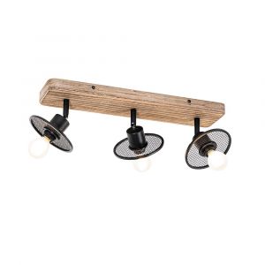 Qazqa Spot de plafond industriel noir avec bois 3 lumières - Jasmijn