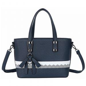 Sac Cabas pour Femme Motif Géométrique Perforé à Vagues avec Nœud et Bandoulière Gallantry Blanc / Bleu