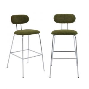 2 tabourets de bar d&eacute;cor bois courb&eacute; teint&eacute; noyer et tissu d&eacute;perlant kaki. pieds m&eacute;tal chrom&eacute; - L 44 x P 51 x H 103cm - Erin