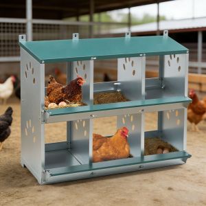 Pondoir poules 6 nids 86&deg; roule-&oelig;ufs, m&eacute;tal acier galvanis&eacute; ext&eacute;rieur, vert, collecteur d&rsquo;&oelig;ufs