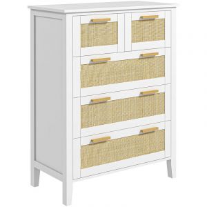 Homcom Commode 5 tiroirs cannage en rotin dim. 77L x 37l x 104H cm mdf blanc bois de pin - Blanc