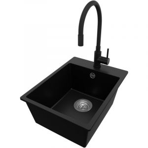 Primagran - Evier Cuisine en Granit Noir 38x50cm, Lavabo 1 bac + Kit de Vidage + Robinet, &Eacute;vier &agrave; Encastrer au meuble 40cm - Riga de