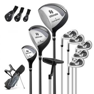 Costway Ensemble Clubs De Golf 9 Pcs Homme Gauchers-Bois De Parcours #3, Un Hybride #4, Des Fers #6, #7, #8, #9 Putter Gris