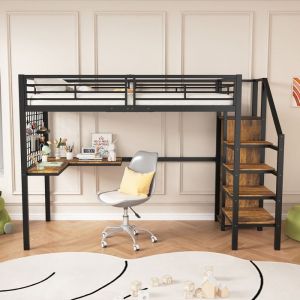 Lit superposé 90x200 cm - avec bureau et armoire - en fer et panneaux de particules - Noir