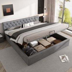 Lit 180x200 cm, lit coffre rembourré, lit double adulte, sommier à lattes, velours, sans matelas, gris