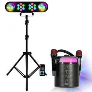 Ibiza Sound Pack Enceinte Karaok&eacute; Bluetooth Portable Autonome KARAHOME-BK 120W USB 2 Micros sans fil - Pied Lumi&egrave;re 2 Projecteurs 2 Astros