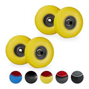 Relaxdays Roue de brouette, lot de 4, caoutchouc, 3.00-4, roue de rechange, pour axe de 25 mm, 260x85 mm, jaune-gris