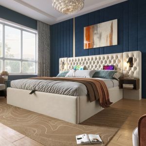 Lit coffre en velours 180x200 cm - 2 chevets + 2 liseuses avec prise usb - Beige (matelas non inclus)
