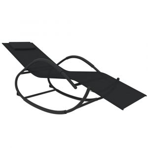 Image de Transat chaise longue bain de soleil lit de jardin terrasse meuble d'ext&eacute;rieur &agrave; bascule noir acier et textil&egrave;ne 02_0012974