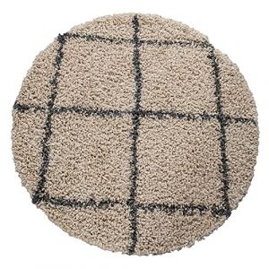 Paco Home - Tapis Shaggy Tapis Rond Salon Moderne Tapis Poils Longs Scandinave Motif Diamant 200 cm rond, Beige-Anthracite