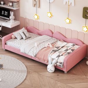 Lit simple d'enfant 90x200cm - lit capitoinné en tissu Teddy avec sommier et dossier et accoudoirs, canapé-lit rose