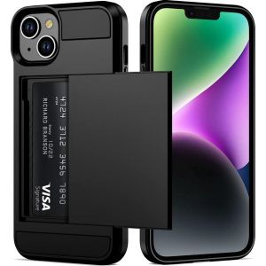 Etui pour Iphone 14 Etui avec support de carte et protecteur d'écran en verre protecteur