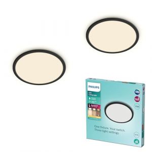 Philips Plafonnier LED Superslim pour salle de bains, noir, 15W, lumière blanc chaud 2.700K, 3 réglages de lumière - variateur sans gradateur, protection IP44, pack de deux