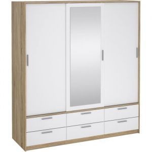 Armoire de chambre - ONTARIO - Blanc brillant / Chene - 3 portes - 6 tiroirs - 181,4 x 60,25 x 200 cm