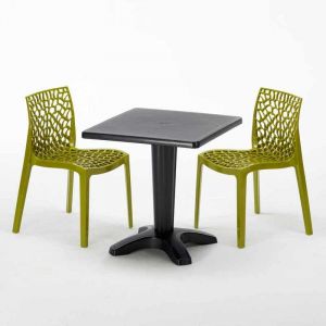 Grand Soleil Table et 2 chaises color&eacute;es polypropylene ext&eacute;rieurs PATIO | Gruvyer Anis vert - Noir