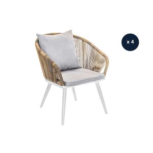 Lot de 4 Fauteuil de jardin en r&eacute;sine tress&eacute;e structure alu blanc + coussin chin&eacute; gris/beige Maldives