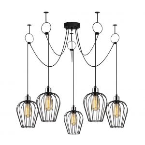 Kauf unique Suspension filaire &agrave; hauteur r&eacute;glable en m&eacute;tal TELLY 5 abat jours H 50/130 cm Noir Noir