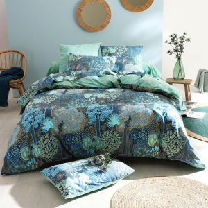 Drap plat bleu vert en coton 180x290 FORET MARINE