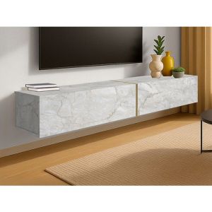 Meuble TV suspendu avec 2 portes - Effet marbre blanc - DINOMA