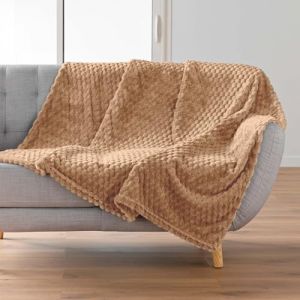 Douceur d'Int&eacute;rieur, Plaid Doux (125 x 150 cm) Mini Frosty Camel, Flanelle Relief Unie