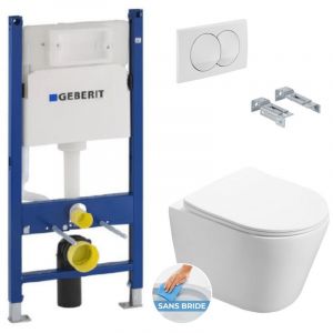 Geberit Pack WC Bâti-support + WC Swiss Aqua Technologies Infinitio sans bride, fixations invisibles + Plaque blanche