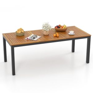Table de salle à manger d'extérieur Coast 200 x 90 x 75 cm pour 8 personnes - Bois d'acacia naturel avec pieds en métal noir et trou pour parasol