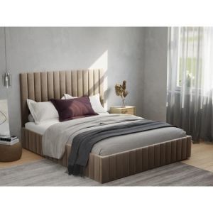 Lit coffre avec tête de lit coutures verticales 160 x 200 cm Velours Taupe LARALI