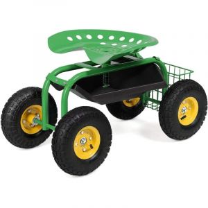 Costway Siège De Jardinage Mobile À Roulant-Hauteur Réglable-Panier De Rangement-Plateau À Outils-150kg-Roues Pneumatiques-Vert