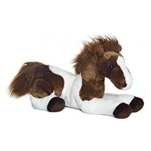 Aurora Peluche cheval marron et blanc couché 30 cm