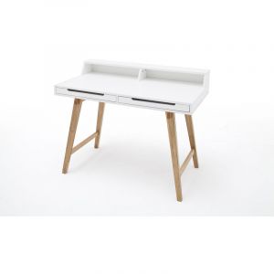 Image de Pegane Bureau laqué blanc mat avec pieds en bois massif - L110 x H85 x P58 cm