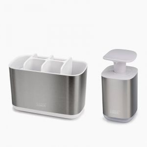 Joseph joseph Bathroom Beauties - Ensemble de 2 pièces pour lavabo de salle de bain avec grand support pour brosse à dents et distributeur hygiénique de savon à pompe, acier inoxydable