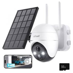 2pcs 5MP Camera Surveillance WiFi Exterieure sans Fil, Camera Solaire, Camera 360 Degrés, Détection Humaine PIR, Vision Nocturne Couleur, Audio Bidirectionnel, Sirène Alarme/Alexa/Carte/Cloud/IP65
