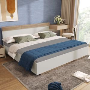 Lit adulte Double Flottant en Bois. 205 x 164 x 90.5 cm. Cadre de lit et Sommier à Lattes. Chêne et Blanc