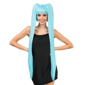 Ruedelafete Perruque Cosplay longues couettes 99cm avec frange, Bleu flashy