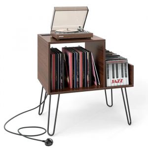 Meuble &Eacute;tag&egrave;re sur Table COSTWAY, Meuble Disque Vinyle pour 145 Albums, Station de Charge, 4 Pieds Amovibles, 3 S&eacute;parateurs, Noyer