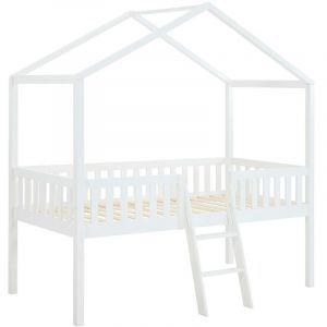 Lit cabane mi-hauteur 90 x 190 cm - Pin - Blanc - NALENY