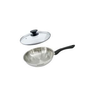 Fackelmann 9441650 Set poêle 24 cm en inox 18/8 et couvercle verre, Poêle de cuisson, Poêle tous feux, Poêle induction, Poêle sans PFAS, Acier inoxydable 18/8, Verre, 24 cm