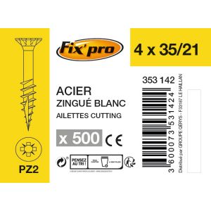 Fix'Pro Vis bois zinguée tête fraisée PZ2 - Ø 4 mm - 35 mm / 21 mm - Boîte de 500 - Fixpro